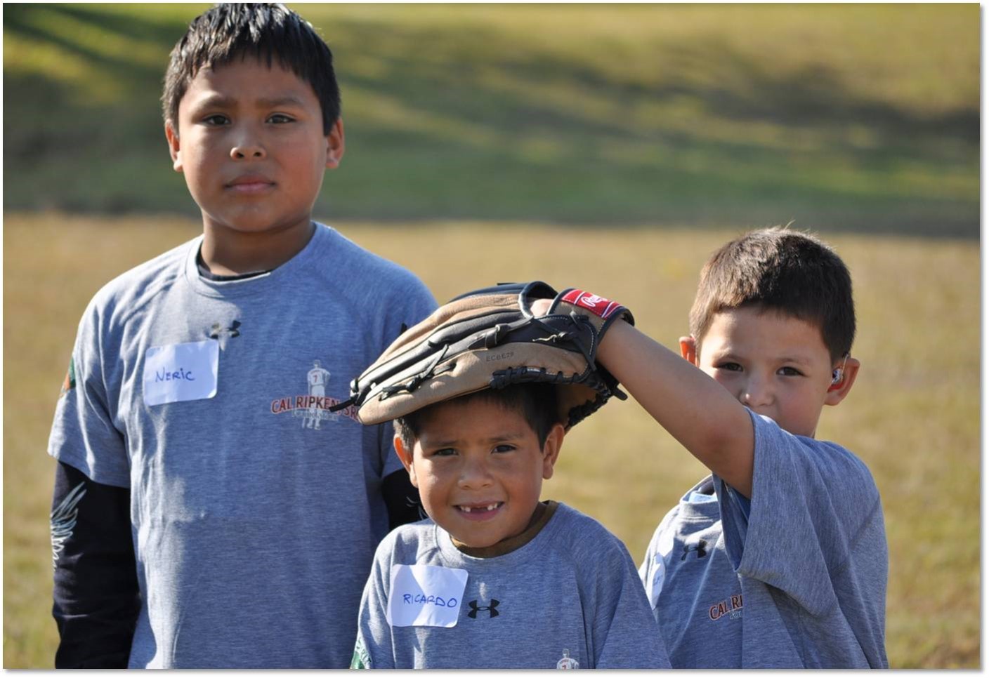 kids, baseball glove on head