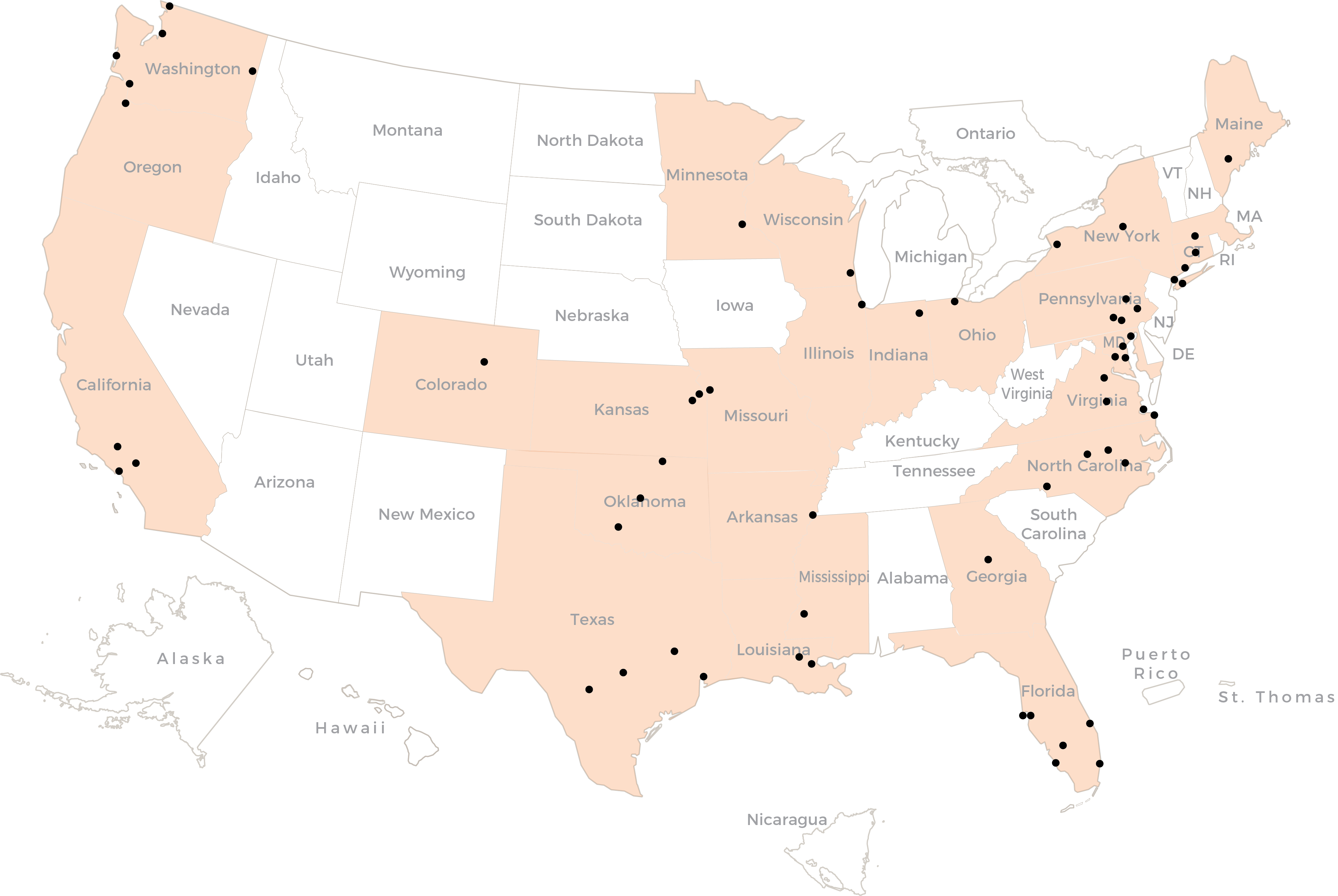 A Map of the Foundation Sites in The United States